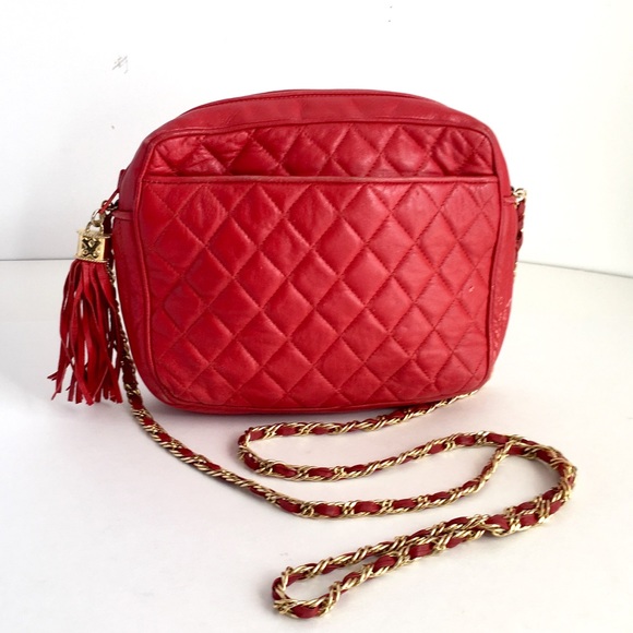 Vintage Handbags - Vintage Red Leather Quilted Purse Crossbody Bag